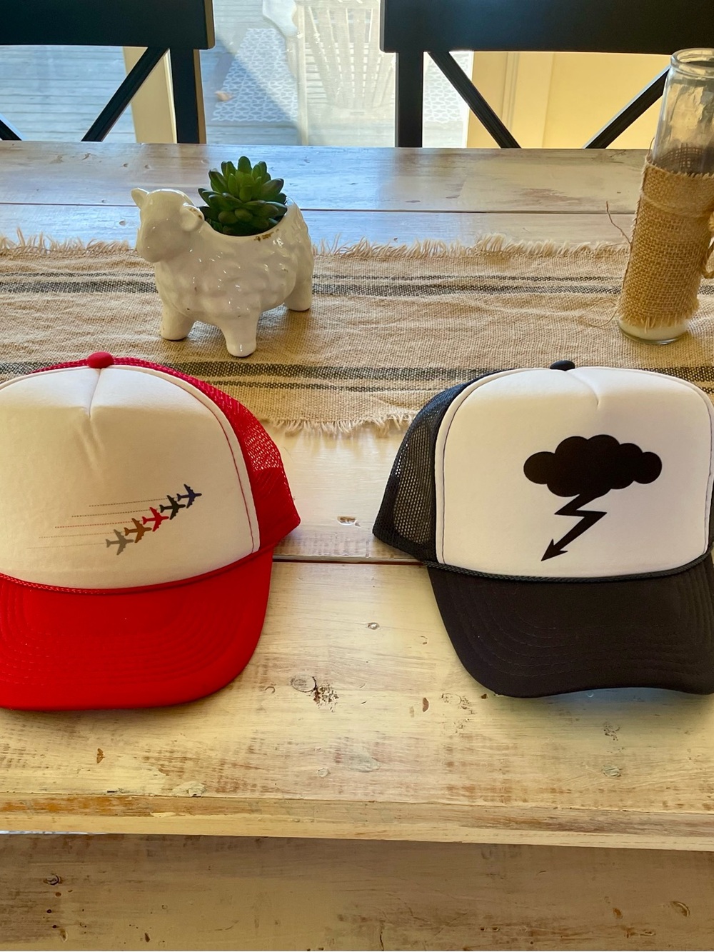 Red “Jets” Trucker Hat & Navy “Storm” Trucker Hat